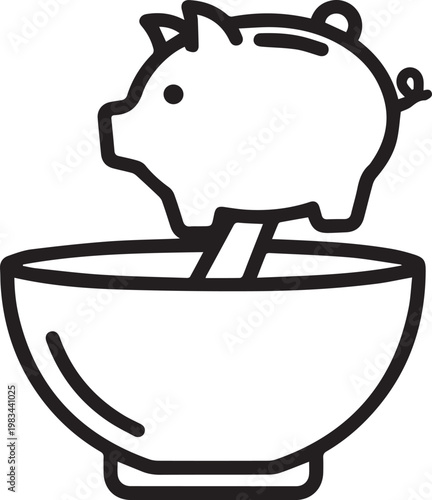 Premium Black & White Vector Icon Combining Mortar & Pestle with Piggy Bank for Finance, Budgeting, Chemical Finance, Investment, Pharmaceutical Economics, Cost Analysis, Savings & Research
