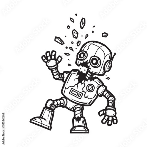 A broken robot with fragments exploding around it depicted in a striking silhouette high quality professional