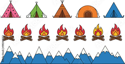 Camping Icon Set Tent Campfire Mountain Outdoor Adventure Collection Vector Illustration