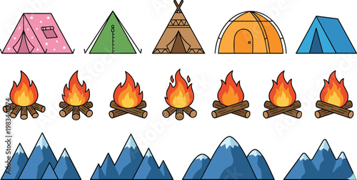 Camping Icon Set Tent Campfire Mountain Outdoor Adventure Collection Vector Illustration
