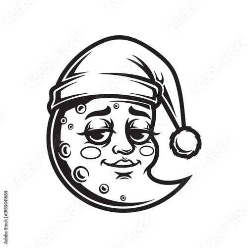 A whimsical crescent moon face with a santa hat rendered in a striking black silhouette