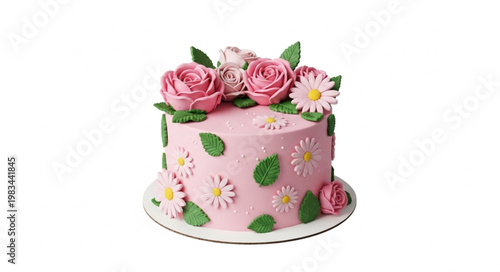 Beautiful Pink Cake Decorated With Roses and Daisies.