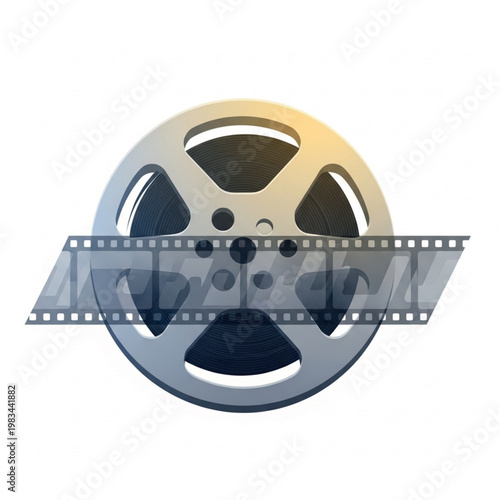 Icon of a film reel with film strip overlay, representing cinema and movie production