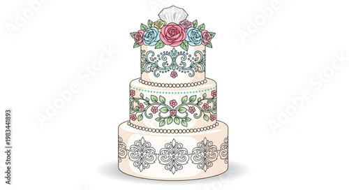 Elegant Three Tier Wedding Cake Decorated with Flowers.