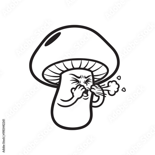 A cartoon mushroom character appears to be sneezing depicted in a stark black outline silhouette