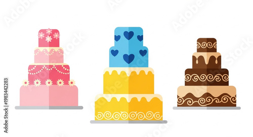 Three tiered cakes in different colors and designs.