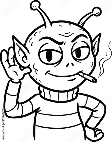 Cartoon alien character with antennas smoking a cigarette