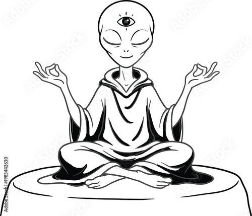 Alien meditating in lotus position with third eye open