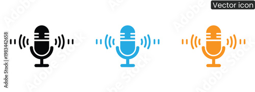 Vector illustration of three microphone icons in black, blue, and orange with sound waves, ideal for audio, podcast, or music concepts
