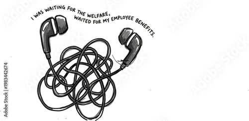 Hand drawn illustration of tangled wired earphones