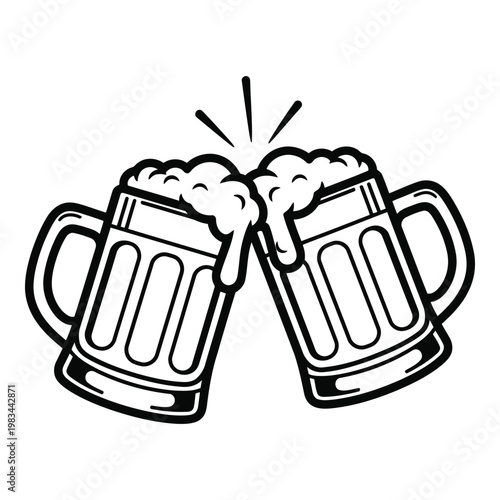 Two frothy beer mugs clinking together in a toast, celebrating friendship and good times at a pub or gathering