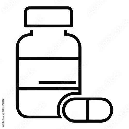 Medical capsule and bottle outline icon, representing health and pharmaceutical products and medication delivery