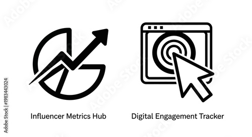 Influencer metrics hub and digital engagement tracker analytics icons