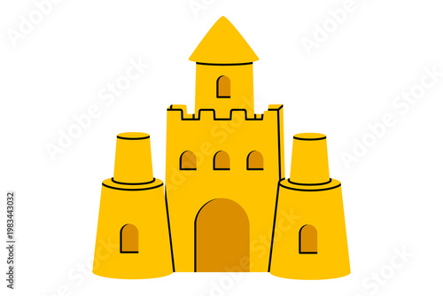 Hand drawn cute illustration of sand castle. Flat vector summer childrens beach game doodle sticker, icon. Fairy seaside building. Vacation leisure activity. Imagination or creativity. Isolated.