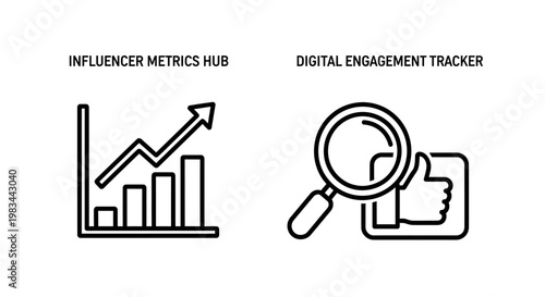 Influencer metrics hub and digital engagement tracker marketing icon set