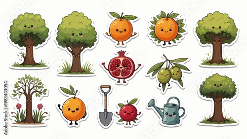 Cute collection of garden stickers featuring happy trees and fruits like orange and pomegranate alongside a shovel and watering can on white background in vibrant cartoonish flat vector visual design.