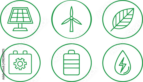 Six green circular representing sustainable energy, solar power, and eco-friendly technology