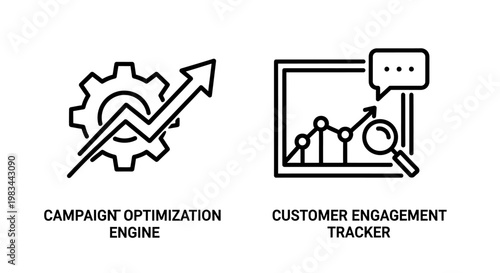 Campaign optimization engine and customer engagement tracker business icon set