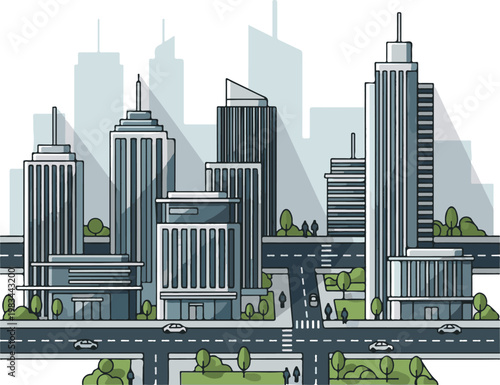 A vibrant cityscape with modern skyscrapers and busy streets