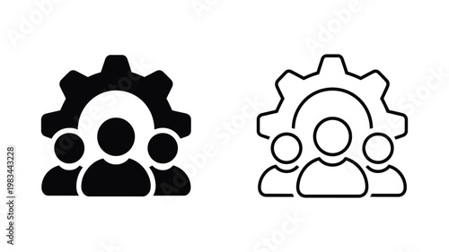 Team management concept illustration, large gear with three people icons representing organized collaboration, productivity and collective efficiency.