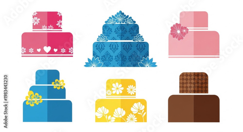 Collection of six decorative cakes in various colors and styles.