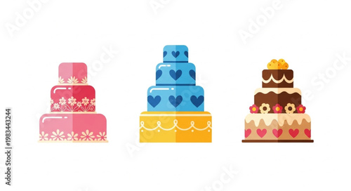 Three Decorated Tiered Cakes Ready for Celebration.