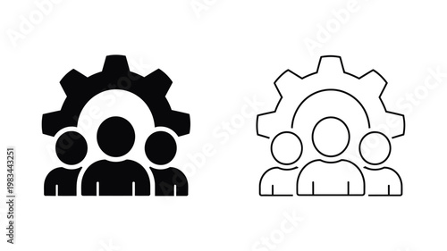 Team management concept illustration, large gear with three people icons representing organized collaboration, productivity and collective efficiency.