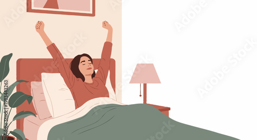 Young woman waking up in a cozy bedroom stretching her arms under a green blanket. Simple flat vector illustration with warm morning light and home plant decor for wellness and daily routine theme.