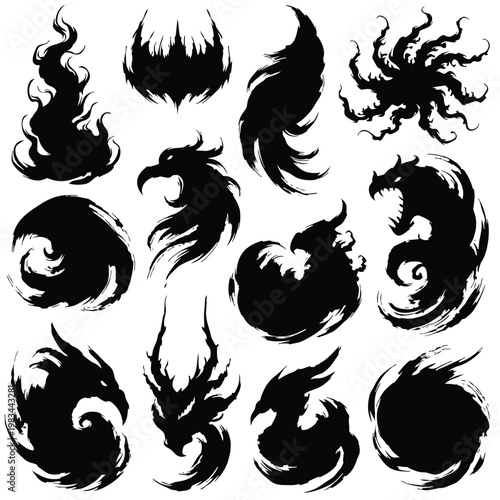 Traditional Japanese Sumi-e Mythical Dragon and Phoenix Silhouette Set in Linocut and Woodcut Style Representing Oni Spirit