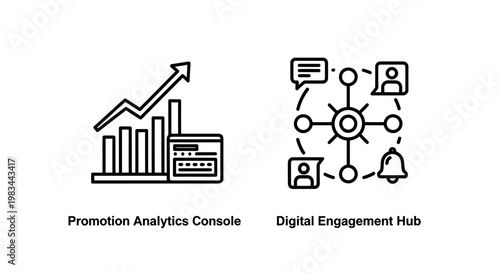 Promotion analytics console and digital engagement hub icons for marketing