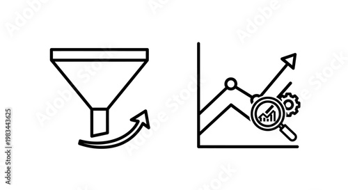 Business analytics and sales funnel growth performance icons with business