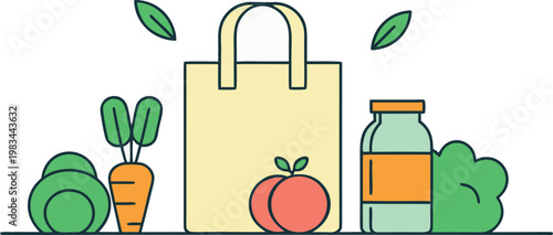 Sustainable shopping featuring reusable tote bag, vegetables, and glass jar container