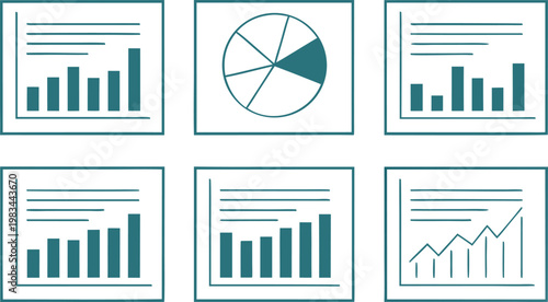 Six panel dashboard interface with teal data charts and graphs on a white background