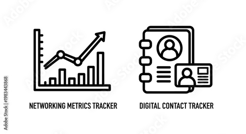 Networking metrics growth chart and digital contact address book icons
