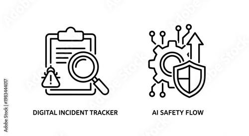 Digital incident tracker and AI safety flow line art icons with incident