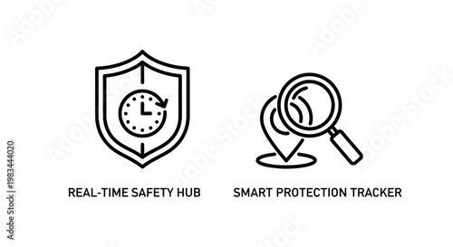 Real-time safety hub shield and smart protection location tracker icons