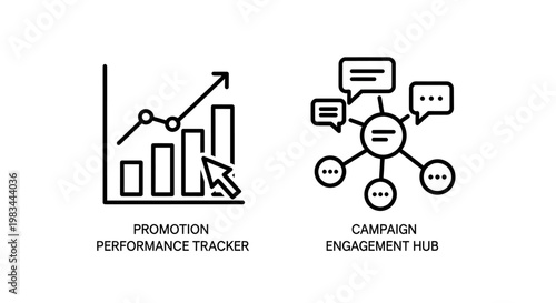 Promotion performance graph and campaign engagement hub marketing icons