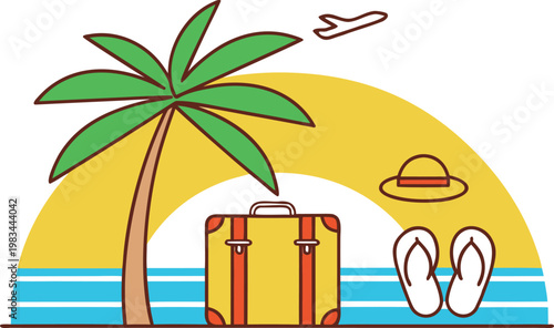 Summer vacation concept with palm tree, suitcase, beach hat, and flip flops at sunset