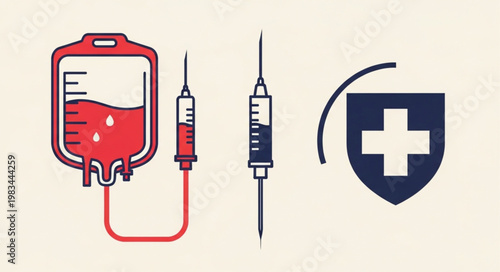 Medical blood bag syringe and health shield icon.