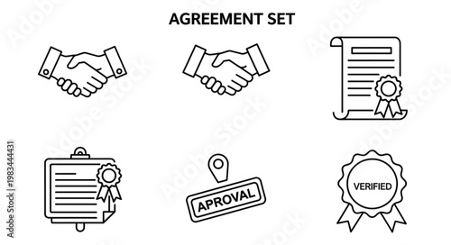 Agreement Set Icons Representing Partnership and Approval.