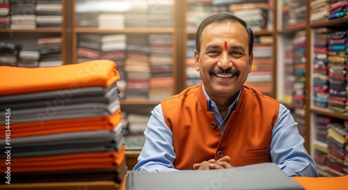 Smiling shopkeeper in front of stacked fabrics, shelves of cloth. Well lit, warm tones