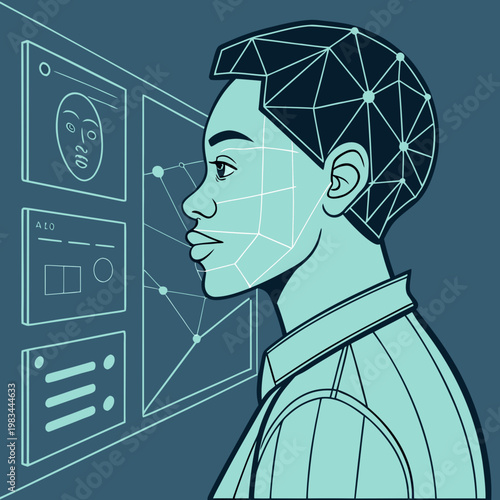 Woman's face analyzed by facial recognition technology with artificial intelligence identification system data visualization biometric technology analysis identification security recognition