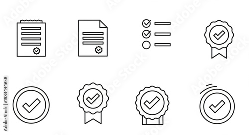 Collection of Approval and Checklist Icons in Outline Style.