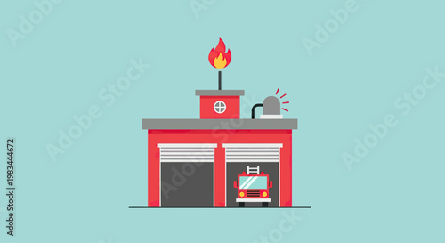 Red fire station with open bay doors, one fire truck, and a flame atop