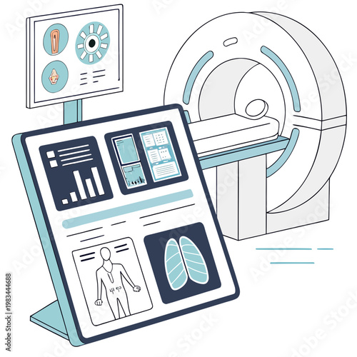 Medical scanner and diagnostic screen with patient data medical equipment control panel white background health care imaging machine diagnostic healthcare technology hospital illustration