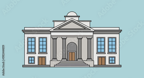 A white classical building with a central pediment, columns, and symmetrical windows