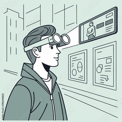 Person looking at digital screen through vr headset in gallery setting with augmented reality virtual reality exhibition technology innovation interactive experience entertainment illustration