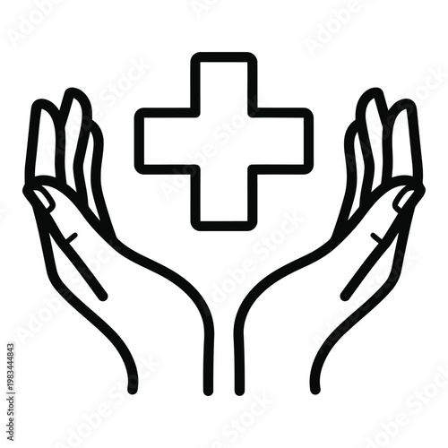 Two open hands gently cupping a prominent plus sign symbol, representing care, health, and assistance in a conceptual illustration