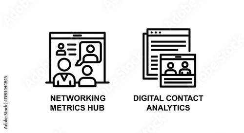 Networking metrics hub and digital contact analytics software icons