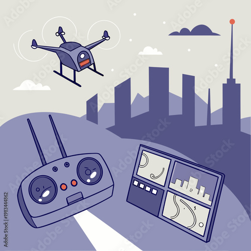 Drone operation with remote control and multi-screen display in urban setting unmanned aerial vehicle drone pilot smart device cityscape technology illustration electronics innovation